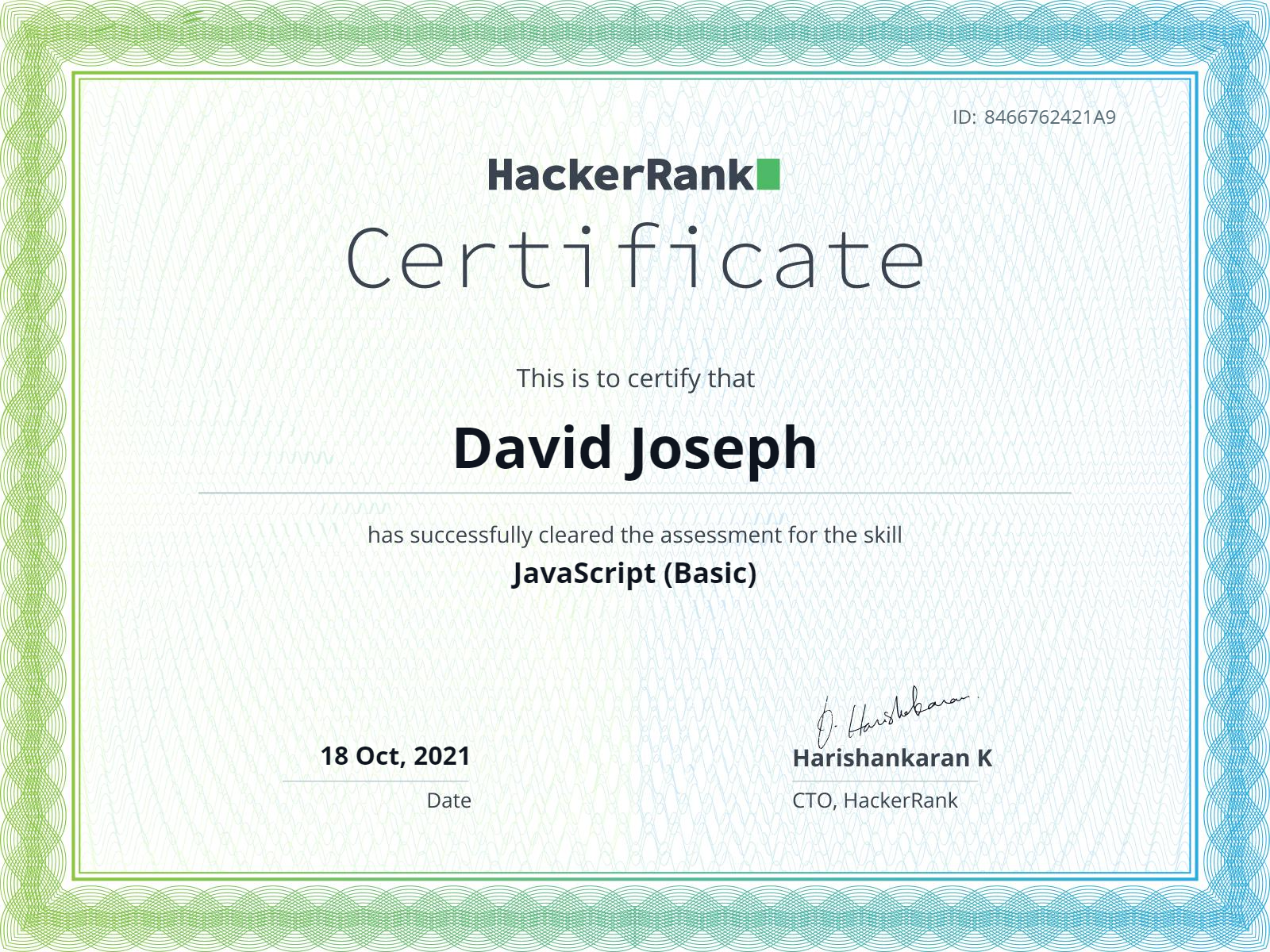 Certificate for Hackerrank - JavaScript (Basic) Certificate