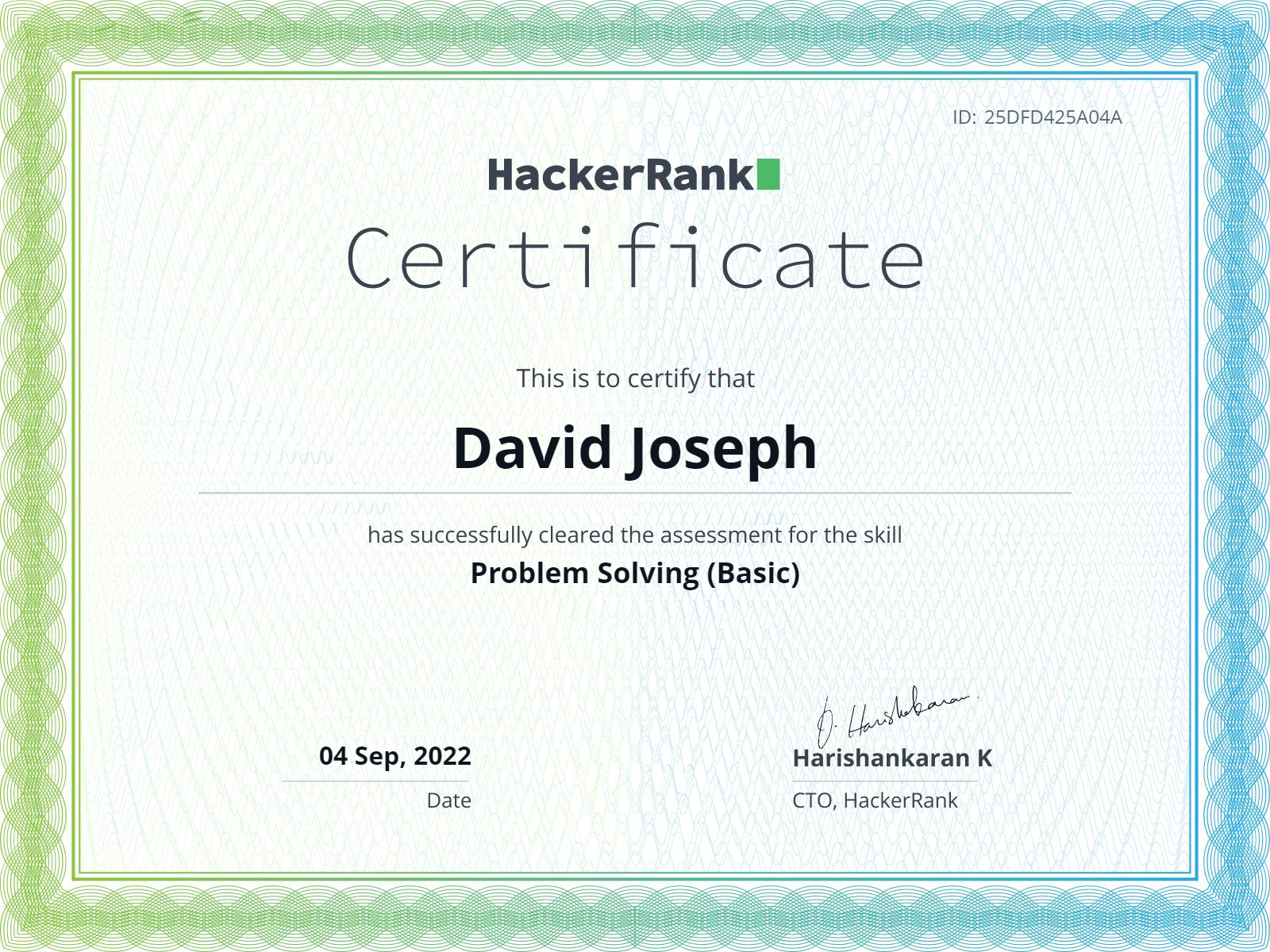 Certificate for Hackerrank - Problem Solving (Basic) Certificate